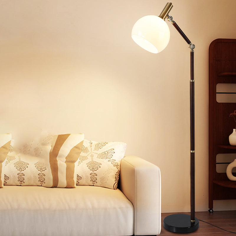 Contemporary Retro Semicircle Round Base Bendable Rubber Wood Marble Glass 1 - Light Standing Floor Lamp For Living Room