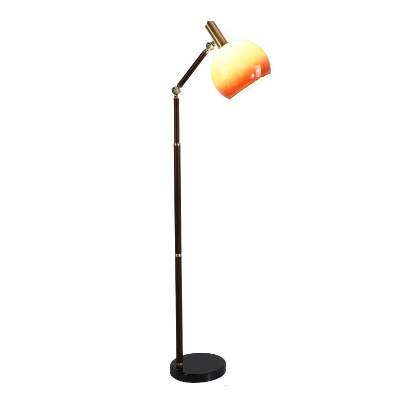 Contemporary Retro Semicircle Round Base Bendable Rubber Wood Marble Glass 1 - Light Standing Floor Lamp For Living Room