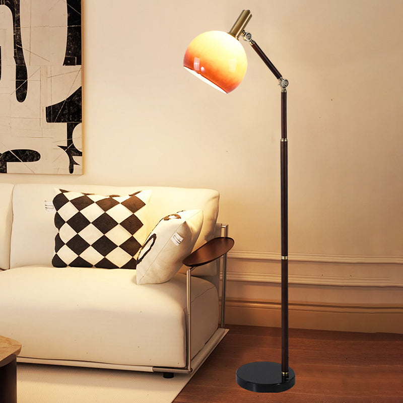 Contemporary Retro Semicircle Round Base Bendable Rubber Wood Marble Glass 1 - Light Standing Floor Lamp For Living Room