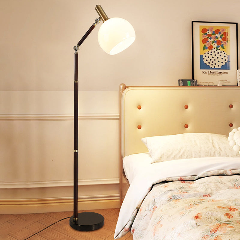 Contemporary Retro Semicircle Round Base Bendable Rubber Wood Marble Glass 1 - Light Standing Floor Lamp For Living Room