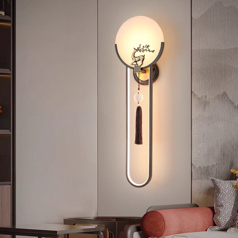 Traditional Chinese Round Deer Marble Copper LED Wall Sconce Lamp For Living Room