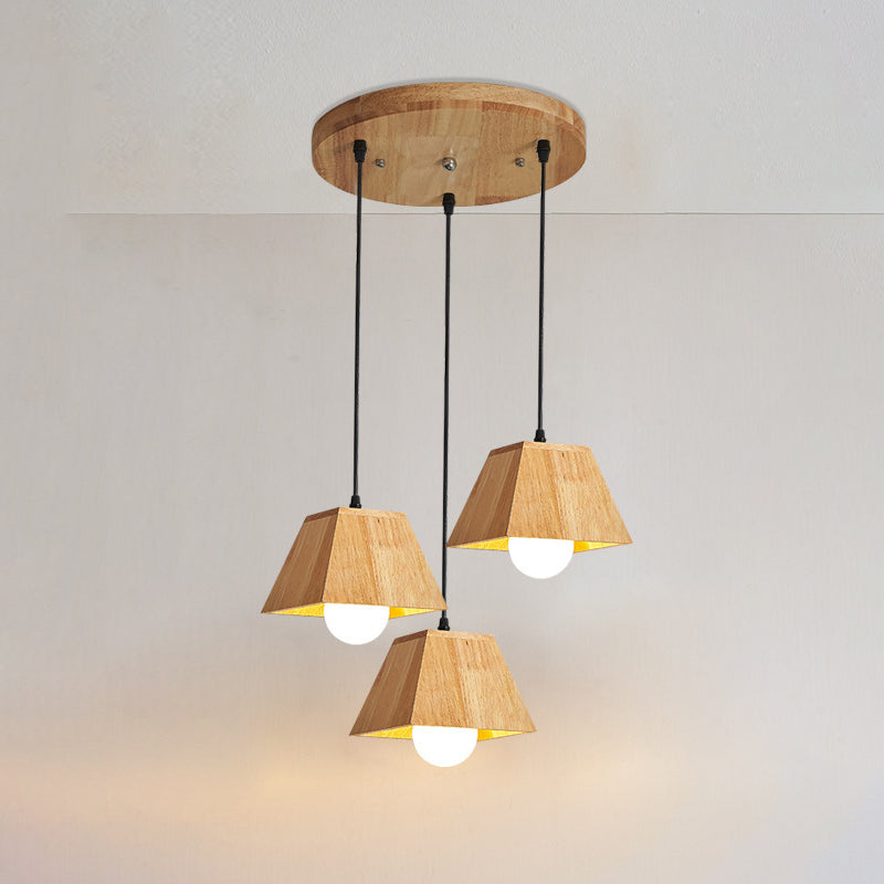 Traditional Japanese Trapezoid Orb Rubber Wood 1/3 - Light Chandelier For Dining Room