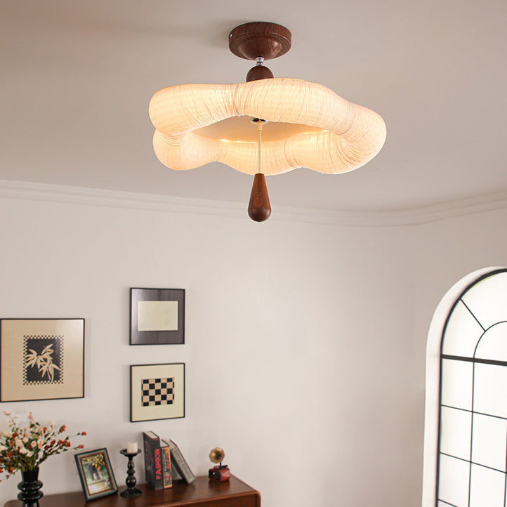 Traditional French Iron Fabric Irregular Corrugated Edge LED Semi-Flush Mount Ceiling Light For Bedroom