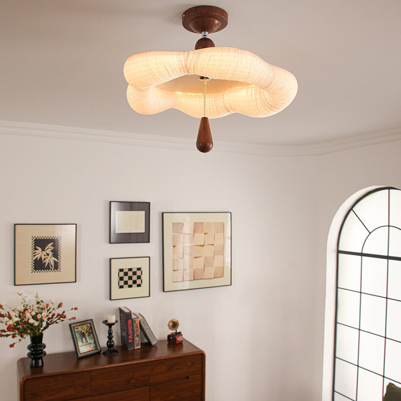 Traditional French Iron Fabric Irregular Corrugated Edge LED Semi-Flush Mount Ceiling Light For Bedroom