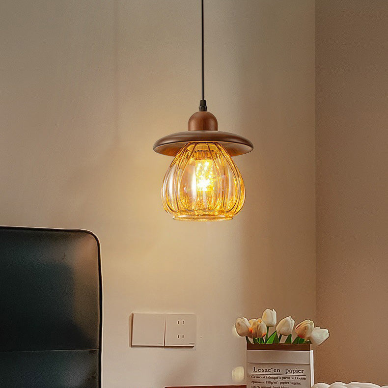 Contemporary Retro Conical Pumpkin Wood Glass 1 - Light Pendant Light For Bedroom