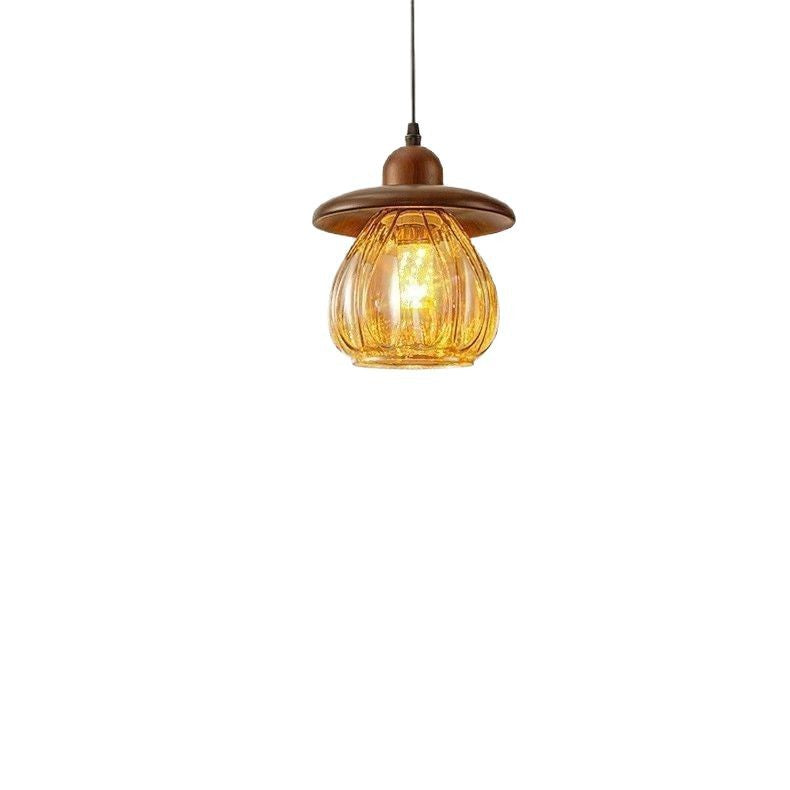 Contemporary Retro Conical Pumpkin Wood Glass 1 - Light Pendant Light For Bedroom