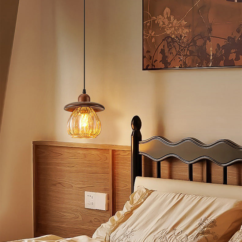 Contemporary Retro Conical Pumpkin Wood Glass 1 - Light Pendant Light For Bedroom