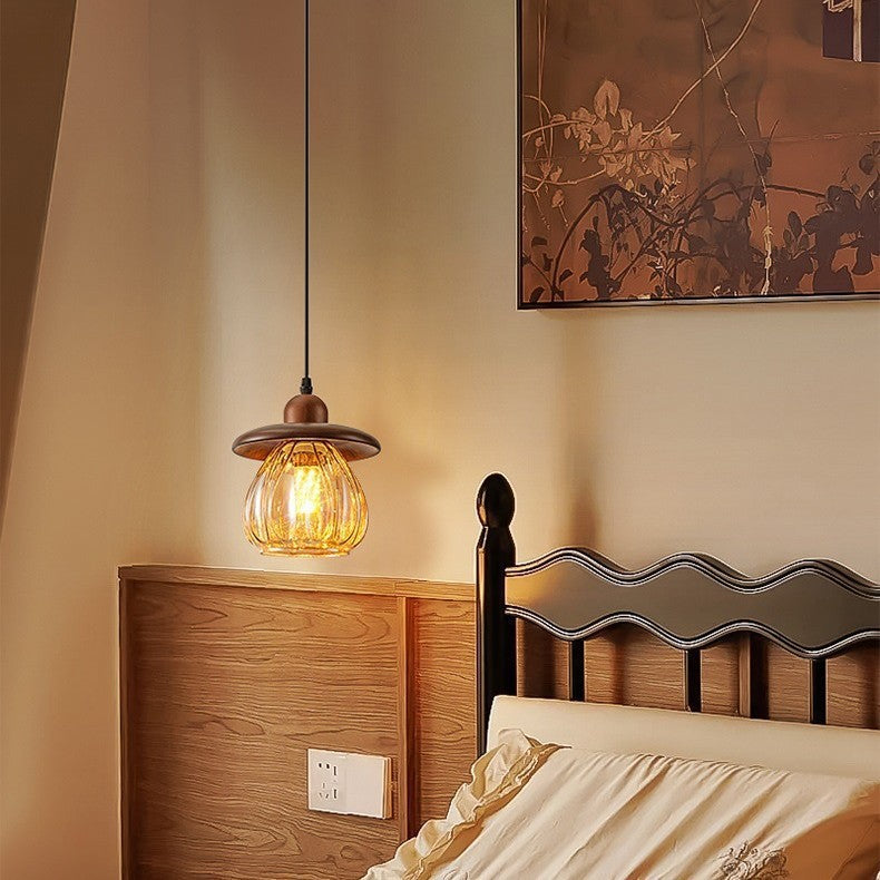 Contemporary Retro Conical Pumpkin Wood Glass 1 - Light Pendant Light For Bedroom