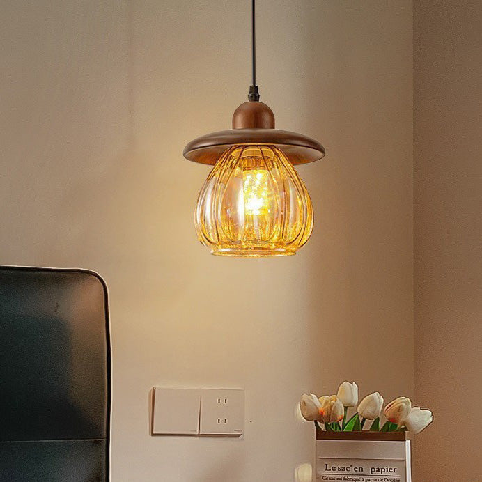 Contemporary Retro Conical Pumpkin Wood Glass 1 - Light Pendant Light For Bedroom