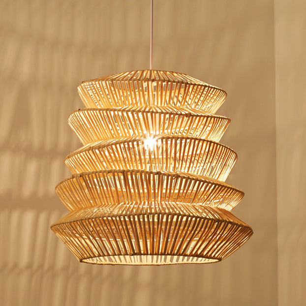 Traditional Japanese Wrinkles Lantern Shape Rattan Weaving 1 - Light Pendant Light For Dining Room