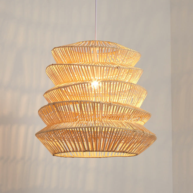 Traditional Japanese Wrinkles Lantern Shape Rattan Weaving 1 - Light Pendant Light For Dining Room