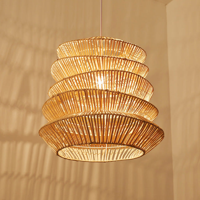 Traditional Japanese Wrinkles Lantern Shape Rattan Weaving 1 - Light Pendant Light For Dining Room