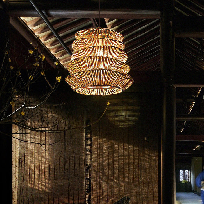 Traditional Japanese Wrinkles Lantern Shape Rattan Weaving 1 - Light Pendant Light For Dining Room