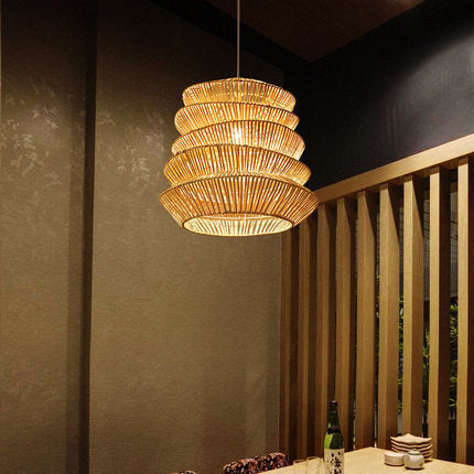 Traditional Japanese Wrinkles Lantern Shape Rattan Weaving 1 - Light Pendant Light For Dining Room