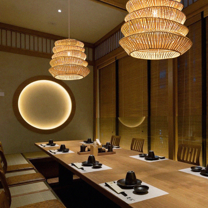Traditional Japanese Wrinkles Lantern Shape Rattan Weaving 1 - Light Pendant Light For Dining Room