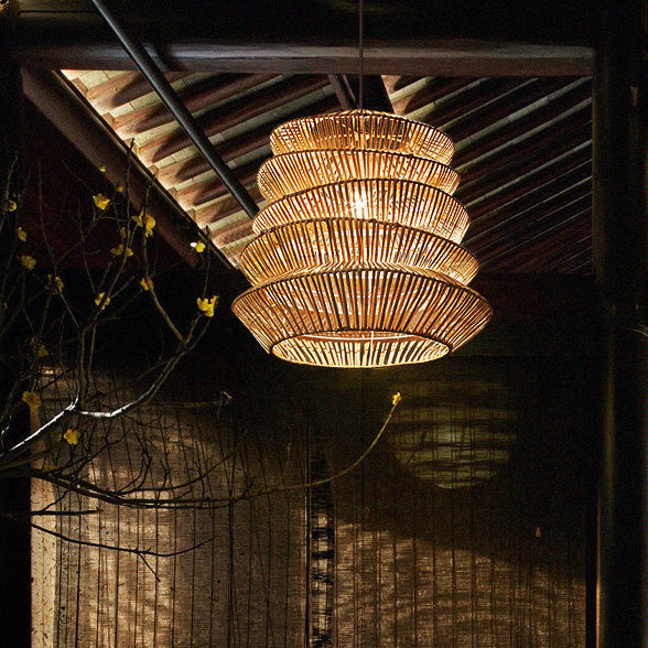Traditional Japanese Wrinkles Lantern Shape Rattan Weaving 1 - Light Pendant Light For Dining Room