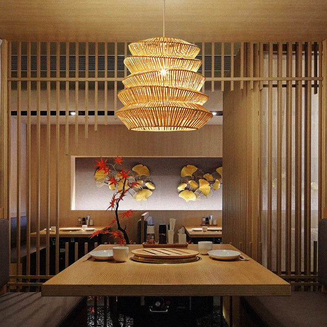 Traditional Japanese Wrinkles Lantern Shape Rattan Weaving 1 - Light Pendant Light For Dining Room