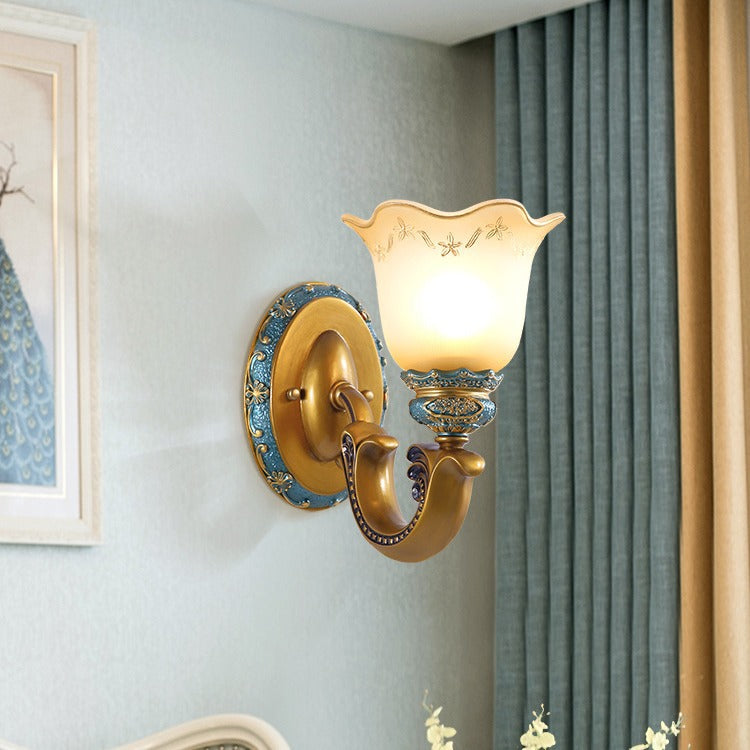 Traditional European Morning Glory Iron Resin Glass 1/2 - Light Wall Sconce Lamp For Hallways