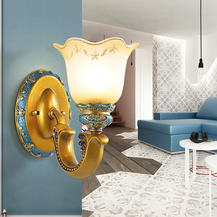 Traditional European Morning Glory Iron Resin Glass 1/2 - Light Wall Sconce Lamp For Hallways