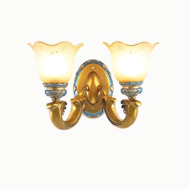 Traditional European Morning Glory Iron Resin Glass 1/2 - Light Wall Sconce Lamp For Hallways