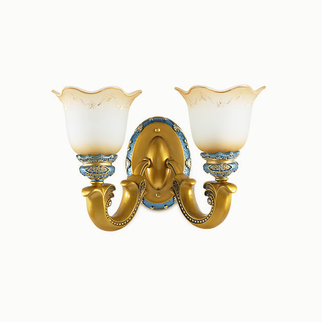 Traditional European Morning Glory Iron Resin Glass 1/2 - Light Wall Sconce Lamp For Hallways