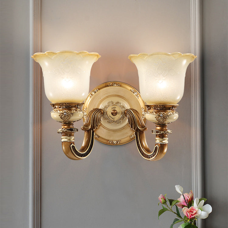 Traditional European Morning Glory Iron Resin Glass 1/2 - Light Wall Sconce Lamp For Hallways