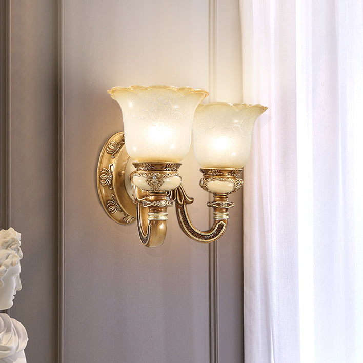 Traditional European Morning Glory Iron Resin Glass 1/2 - Light Wall Sconce Lamp For Hallways