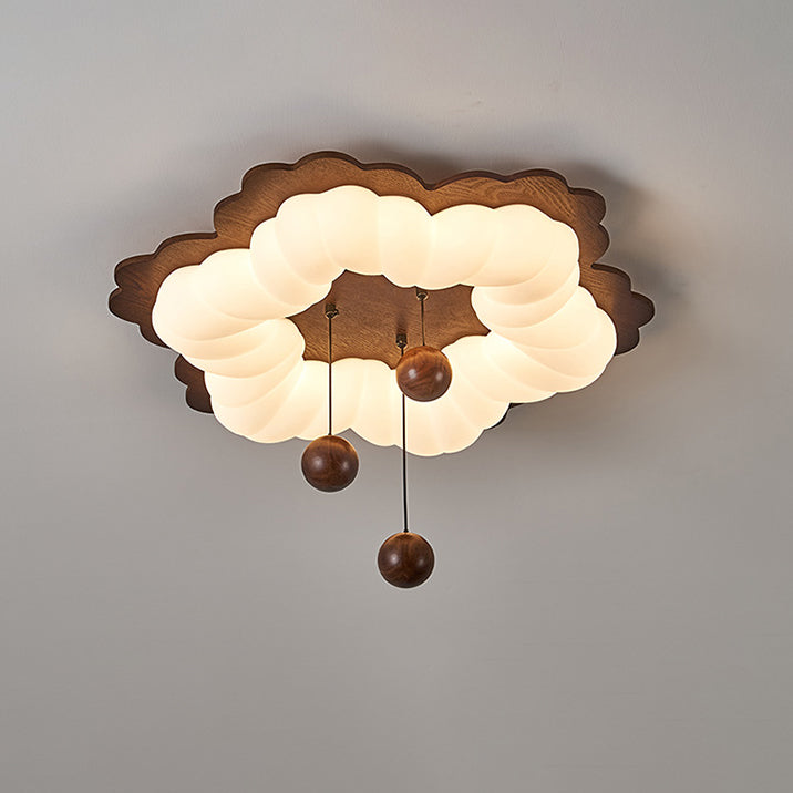 Contemporary Retro Flower Shape Wood Rotational Molding LED Flush Mount Ceiling Light For Bedroom