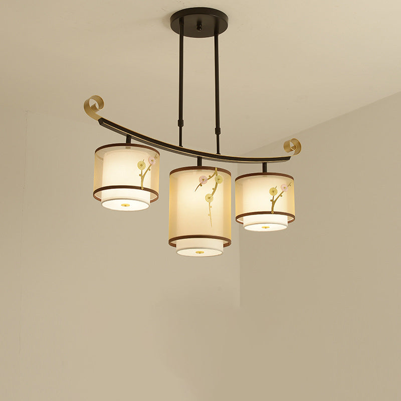 Traditional Chinese Cylinder Pattern Fabric Lampshade Iron 3/4 - Light Chandelier For Dining Room