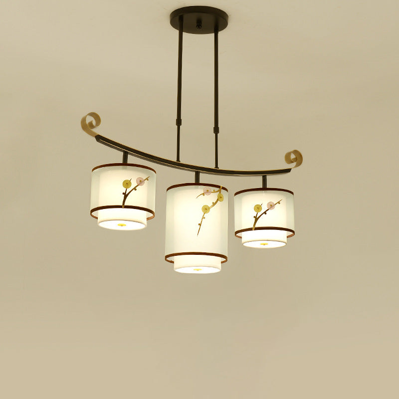 Traditional Chinese Cylinder Pattern Fabric Lampshade Iron 3/4 - Light Chandelier For Dining Room
