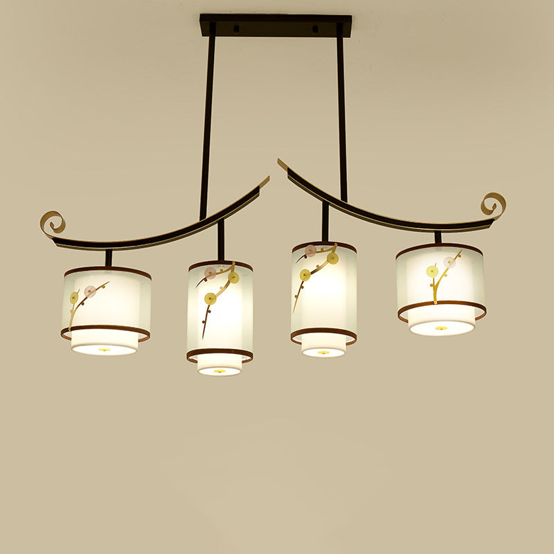 Traditional Chinese Cylinder Pattern Fabric Lampshade Iron 3/4 - Light Chandelier For Dining Room