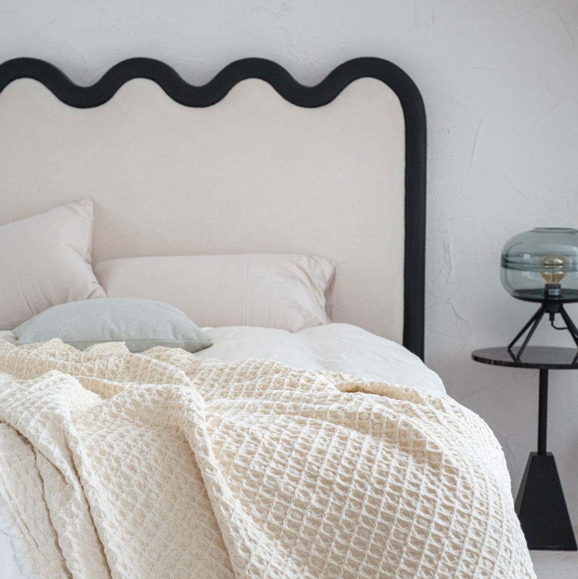 Wavy Paint-Free Solid Wood Bed Frame - Beige Linen French Design For Your Bedroom