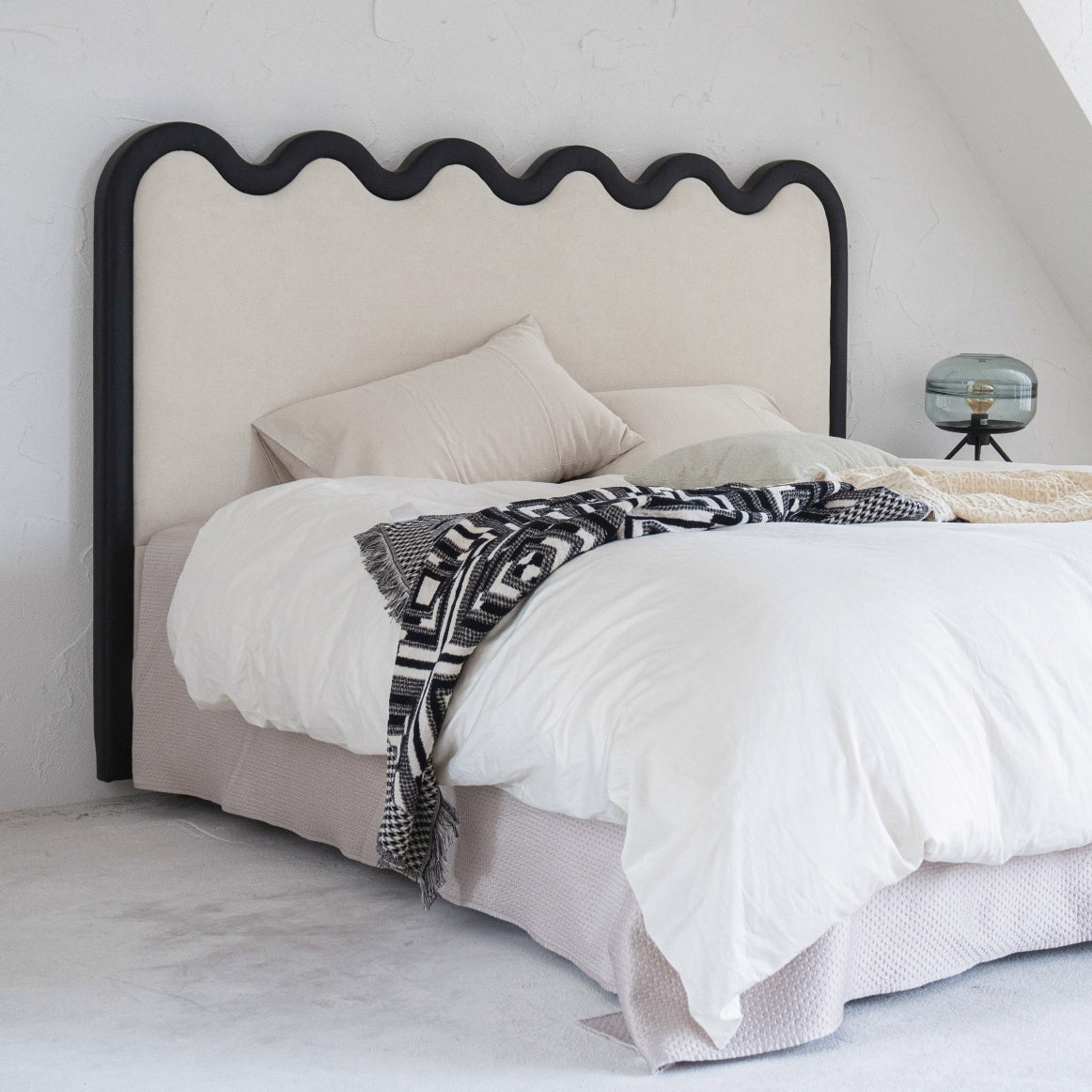 Wavy Paint-Free Solid Wood Bed Frame - Beige Linen French Design For Your Bedroom