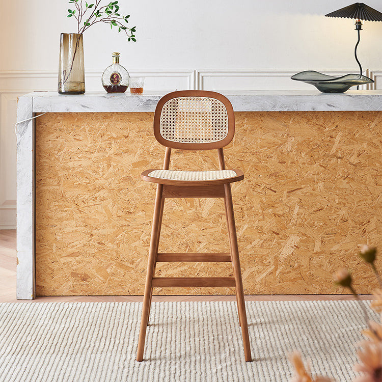 Contemporary Nordic Wood & Rattan Rectangular Bar Stool With Backrest & Footrest For Dining Room