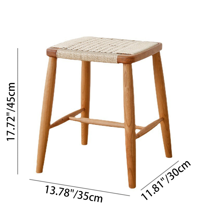 Contemporary Retro Cherry Wood Oak Walnut Cord Square Vanity Stool Backless For Bedroom