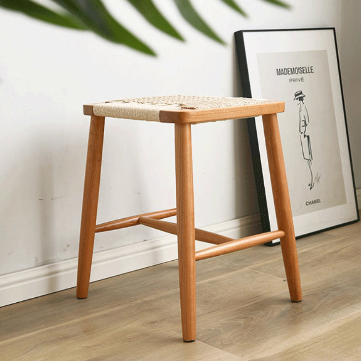 Contemporary Retro Cherry Wood Oak Walnut Cord Square Vanity Stool Backless For Bedroom