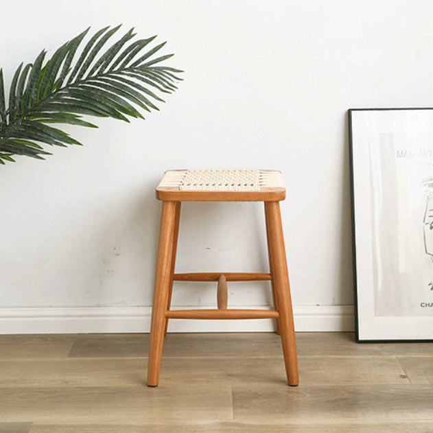 Contemporary Retro Cherry Wood Oak Walnut Cord Square Vanity Stool Backless For Bedroom