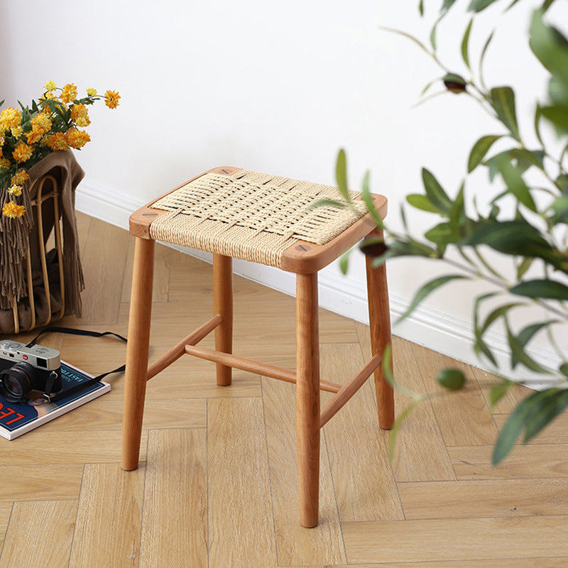 Contemporary Retro Cherry Wood Oak Walnut Cord Square Vanity Stool Backless For Bedroom