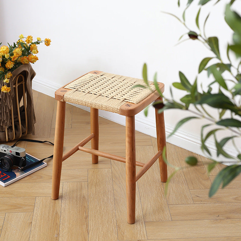 Contemporary Retro Cherry Wood Oak Walnut Cord Square Vanity Stool Backless For Bedroom