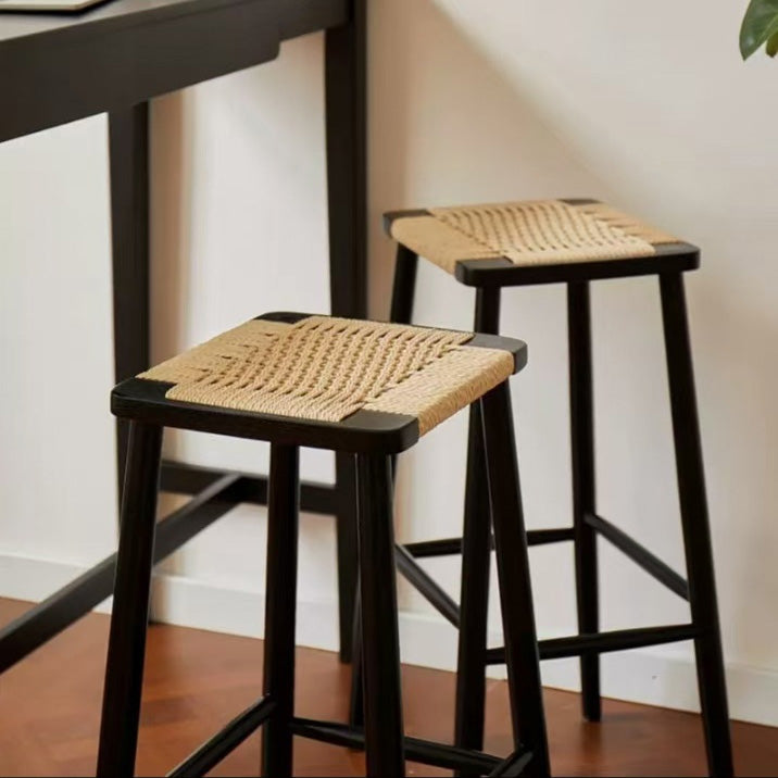 Contemporary Retro Cherry Wood Oak Walnut Cord Square Vanity Stool Backless For Bedroom