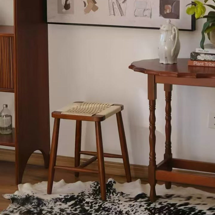 Contemporary Retro Cherry Wood Oak Walnut Cord Square Vanity Stool Backless For Bedroom