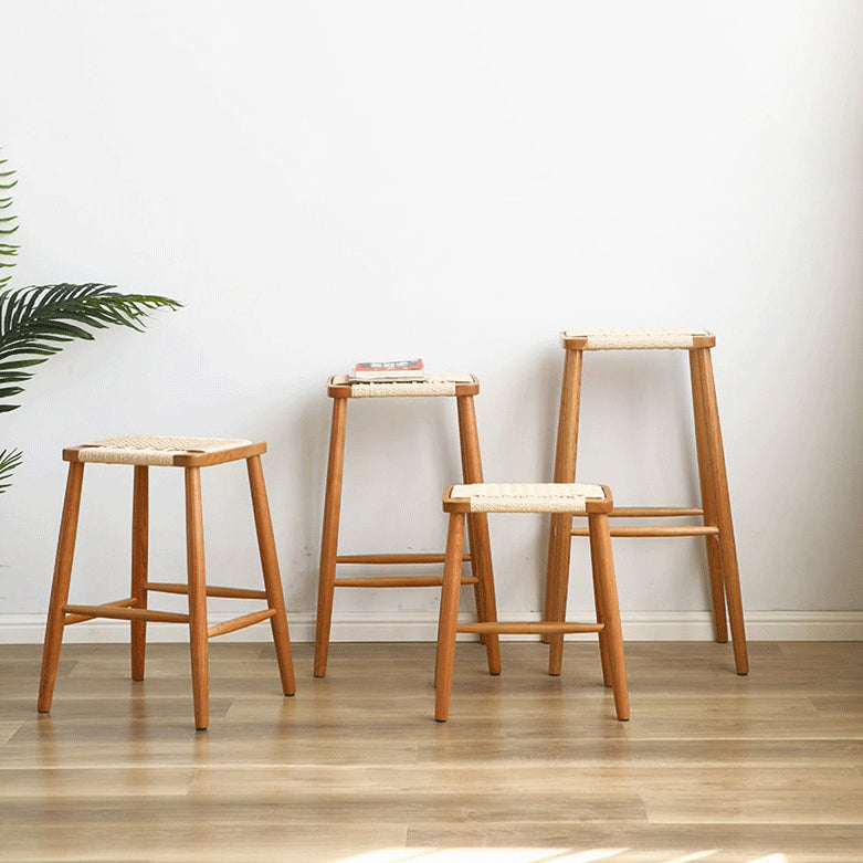 Contemporary Retro Cherry Wood Oak Walnut Cord Square Vanity Stool Backless For Bedroom