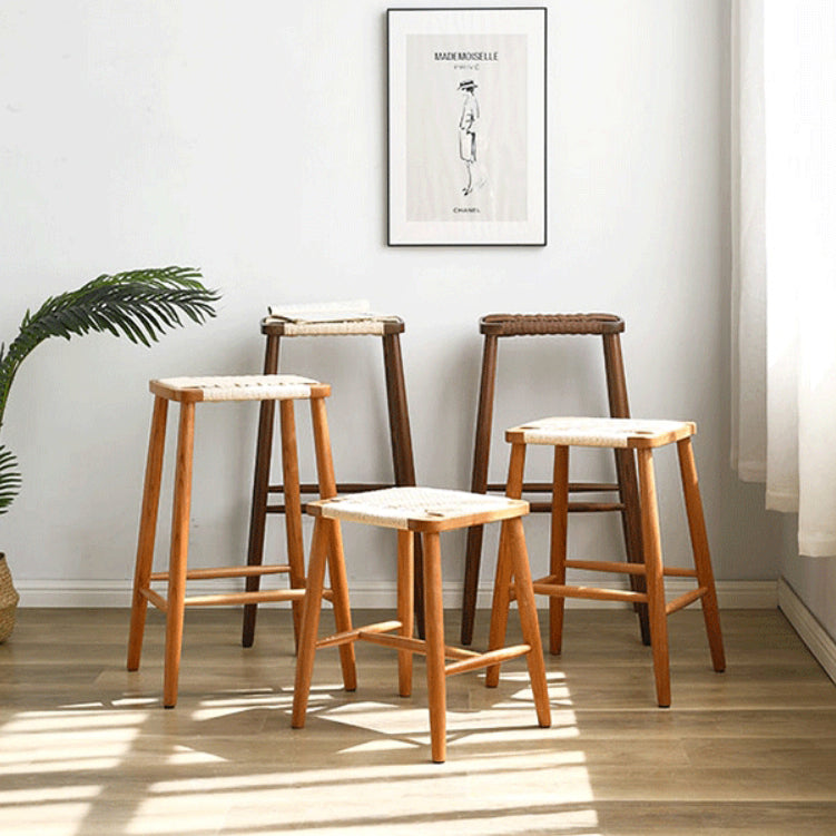 Contemporary Retro Cherry Wood Oak Walnut Cord Square Vanity Stool Backless For Bedroom