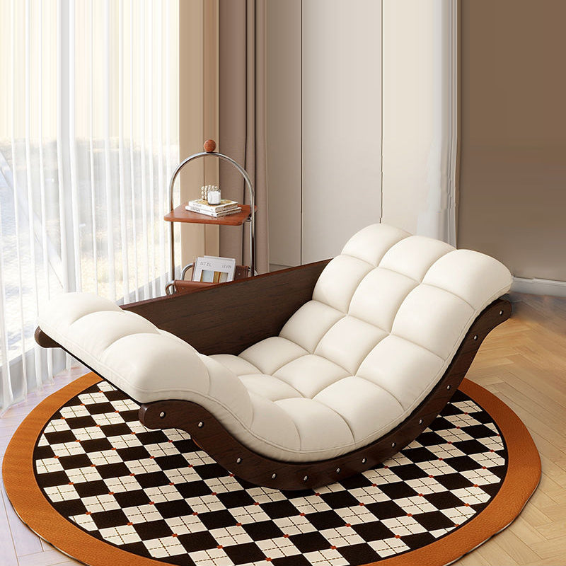 Contemporary Nordic Faux Leather Cotton-Linen & Wood Moon Boat Rocking Chair Recliner With Backrest For Living Room & Bedroom