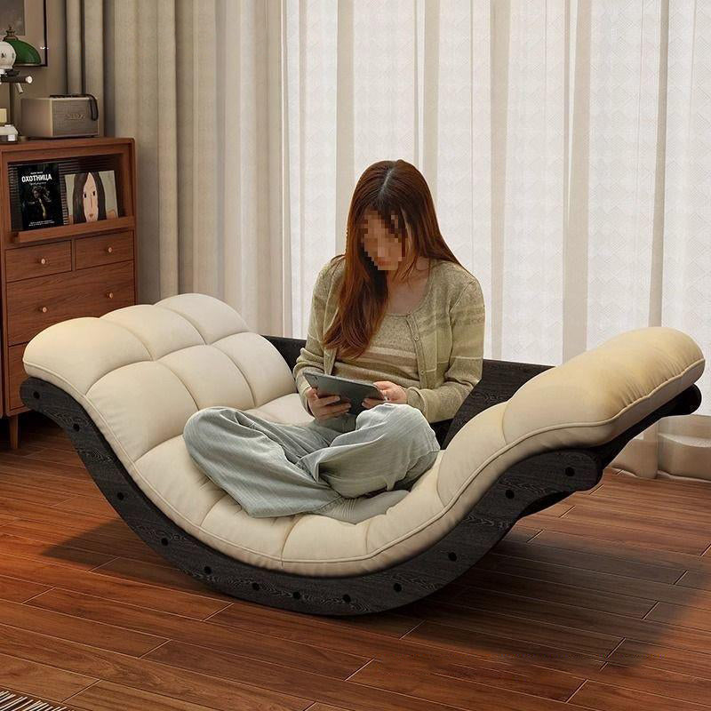 Contemporary Nordic Faux Leather Cotton-Linen & Wood Moon Boat Rocking Chair Recliner With Backrest For Living Room & Bedroom