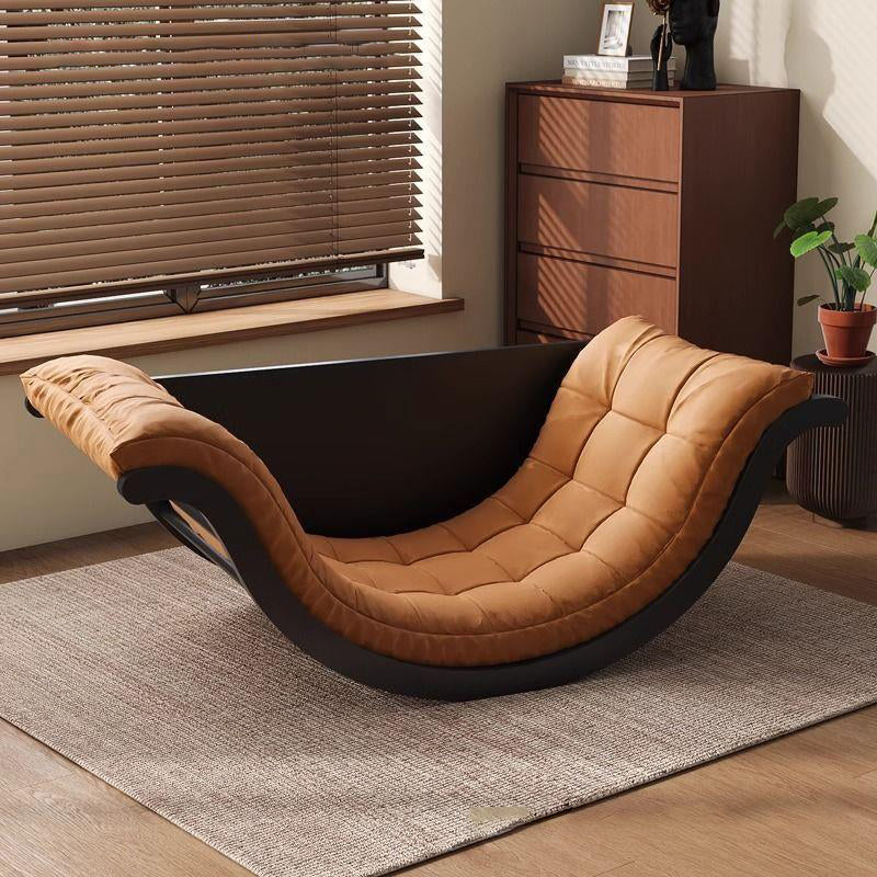 Contemporary Nordic Faux Leather Cotton-Linen & Wood Moon Boat Rocking Chair Recliner With Backrest For Living Room & Bedroom