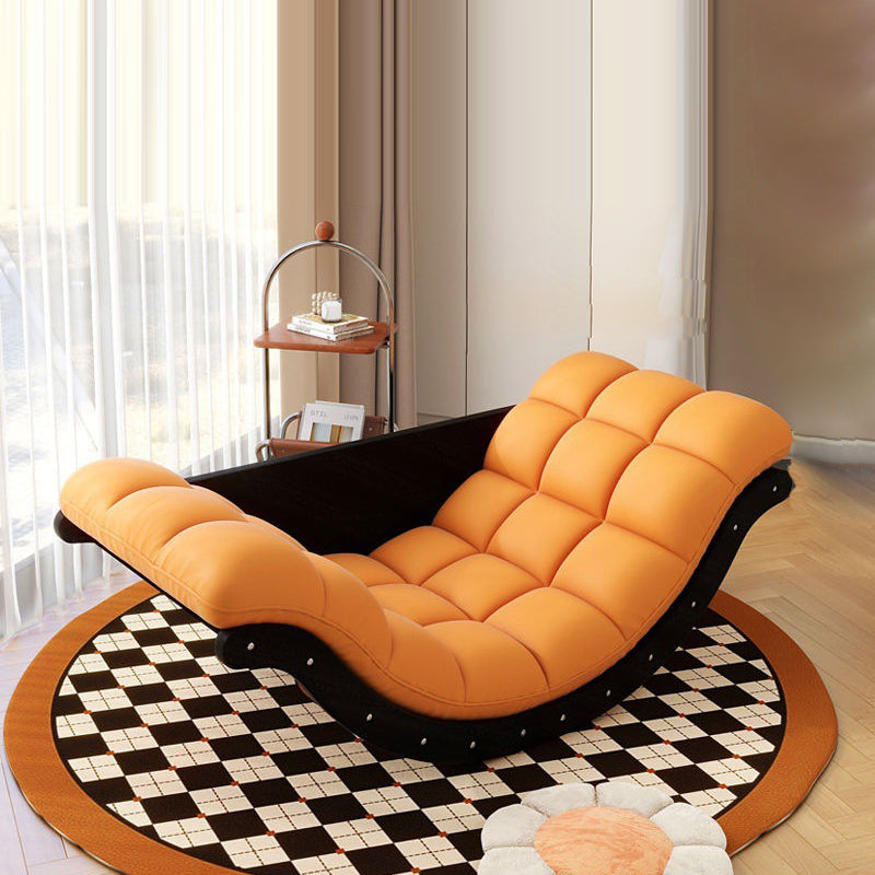 Contemporary Nordic Faux Leather Cotton-Linen & Wood Moon Boat Rocking Chair Recliner With Backrest For Living Room & Bedroom