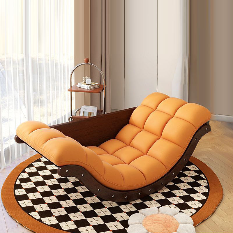 Contemporary Nordic Faux Leather Cotton-Linen & Wood Moon Boat Rocking Chair Recliner With Backrest For Living Room & Bedroom