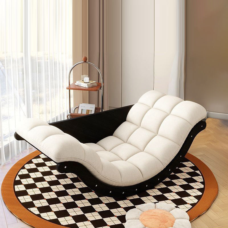 Contemporary Nordic Faux Leather Cotton-Linen & Wood Moon Boat Rocking Chair Recliner With Backrest For Living Room & Bedroom
