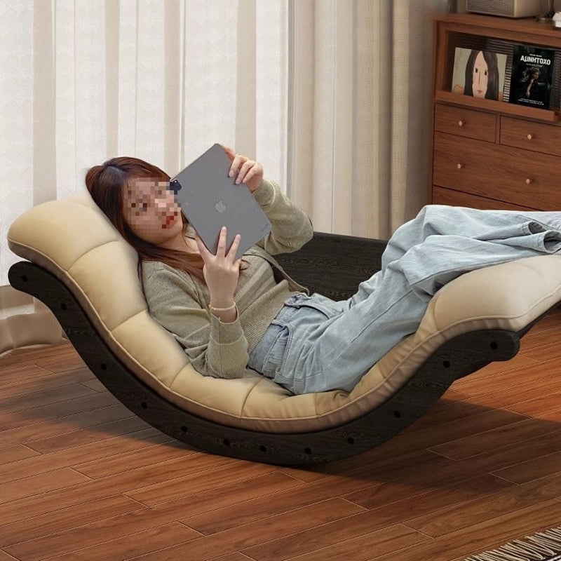 Contemporary Nordic Faux Leather Cotton-Linen & Wood Moon Boat Rocking Chair Recliner With Backrest For Living Room & Bedroom